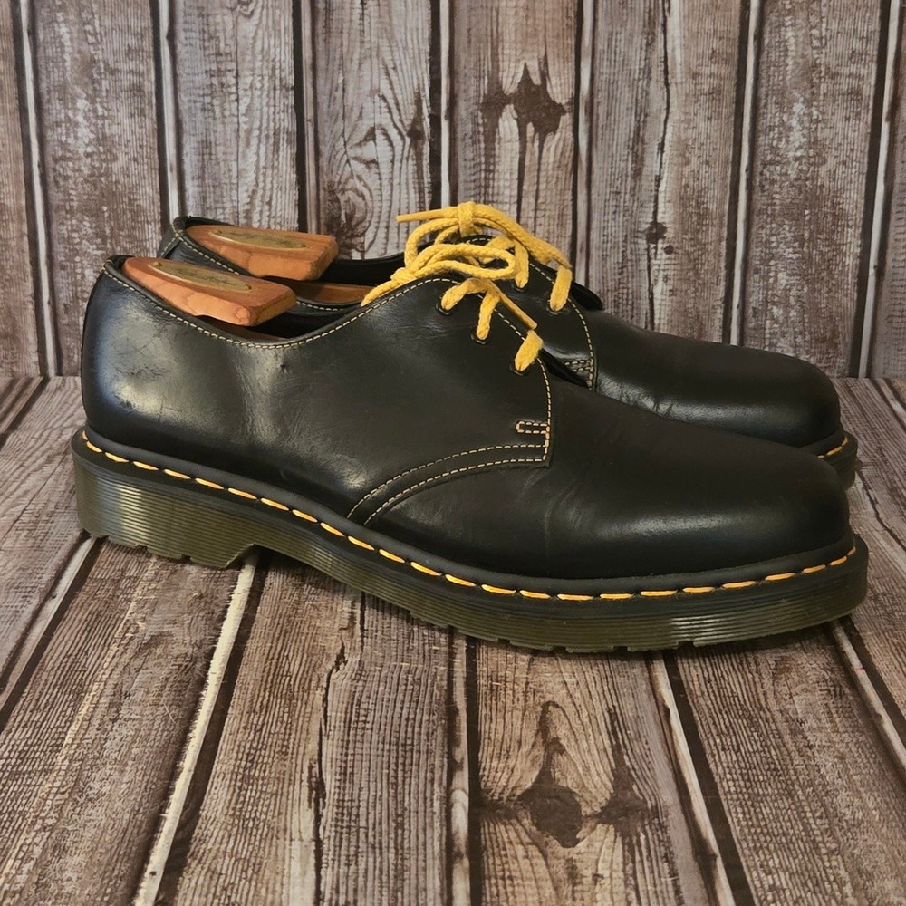 Sz 10 US Mens Dr. Martens 1461 Black Leather Yellow Stitch Oxfords Boots VGUC